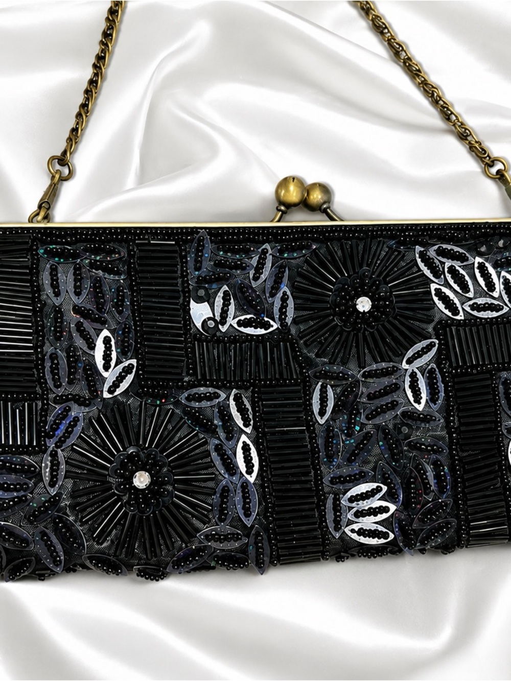 Vintage Black Beaded Evening Clutch Purse Bronze Frame Chain Bag